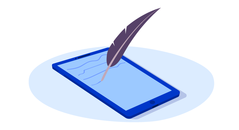 quill pen on tablet