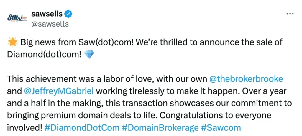 Saw.com Announces Major Sale of Diamond.com