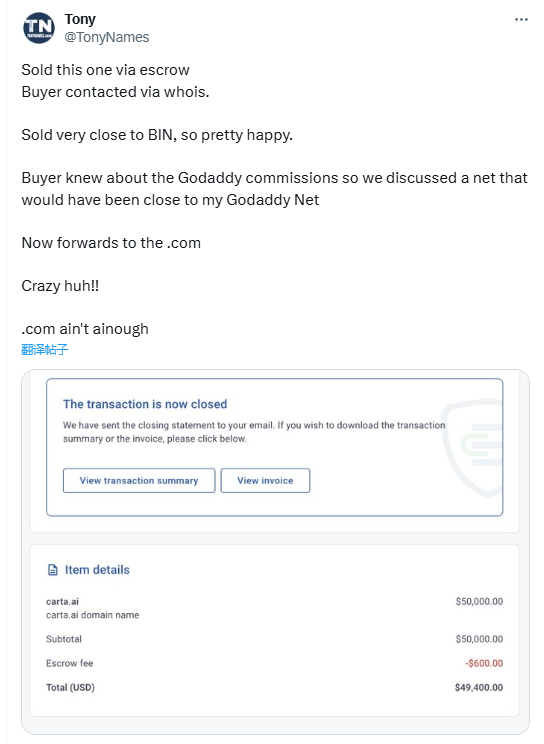 Carta.ai Sold for ,000, Further Upgrading its Domain Name Strategy