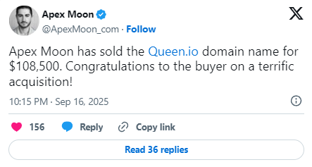 Queen.io Sold for 8,500 via Apex Moon