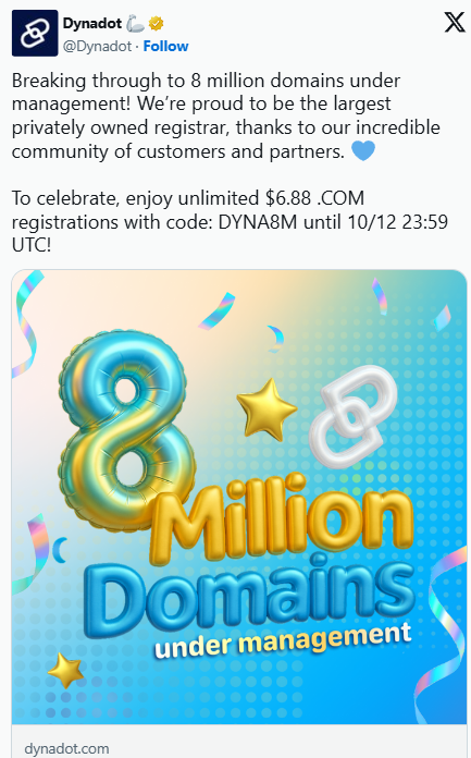 Dynadot Surpasses 8 Million Domains Under Management