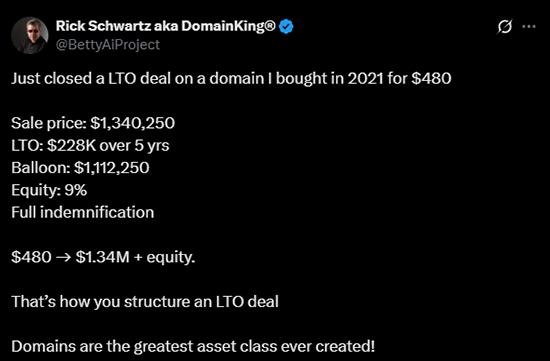 Rick Schwartz, the "King of Domains," has achieved another milestone: a <noscript><img decoding=