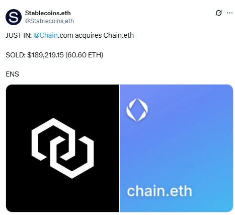Cross-ecosystem domain expansion! Chain.com acquires Chain.eth for 9,000