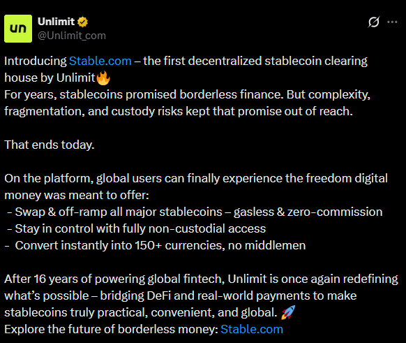 Unlimit Launches Million-Dollar Domain Stable.com, Enhancing Stablecoin Brand Strategy