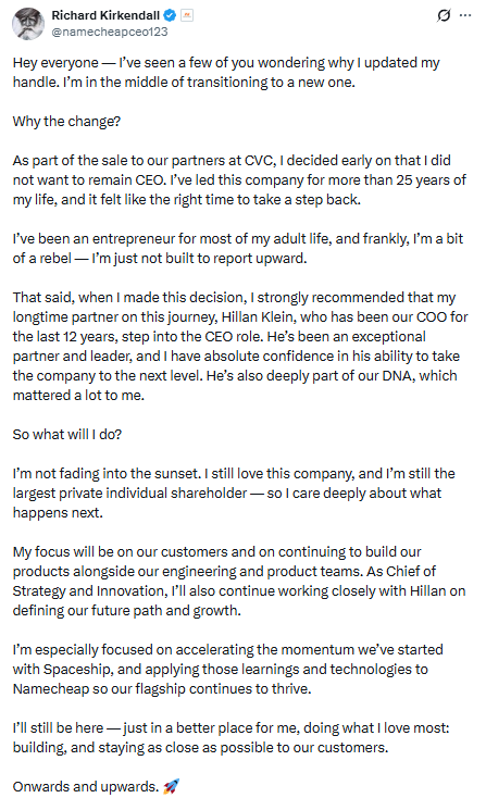 Richard Kirkendall Steps Down as CEO of Namecheap, COO Hillan Klein Takes Over