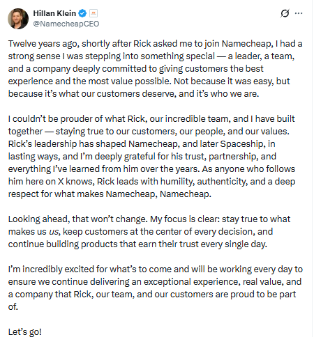 Richard Kirkendall Steps Down as CEO of Namecheap, COO Hillan Klein Takes Over