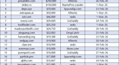 Last Week's Domain Name Sales Ranking: AI Domains Dominate, .COM Remains the Mainstay