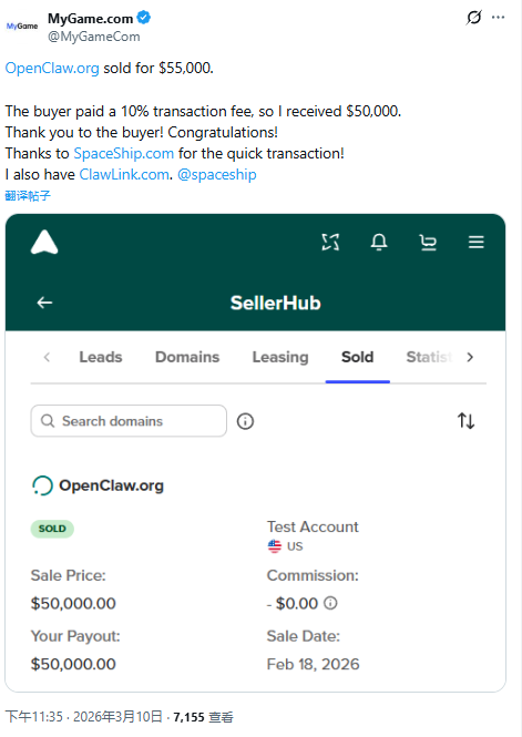OpenClaw.org  sold for ,000, its name subtly reflecting AI industry trends