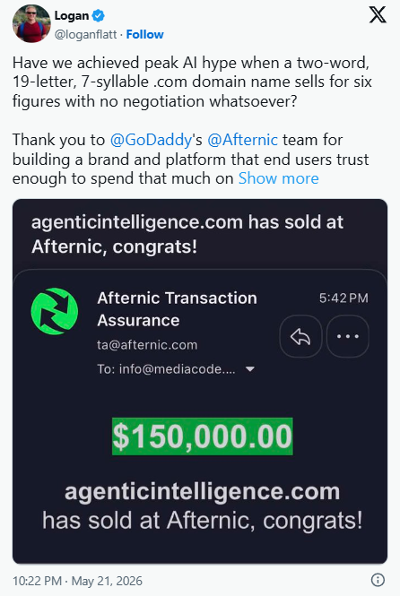 Agenticintelligence.com Sold for 0,000, AI Domain Surges in Popularity