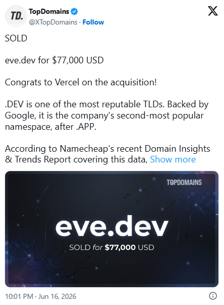 Eve.dev Sells for ,000, Breaking .dev Domain Record; Vercel Takes Over