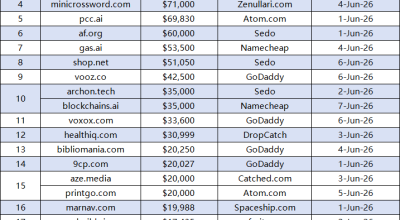 Domain Name Transactions in the First Week of June: AI and General-Purpose Premium Domains Lead the Market
