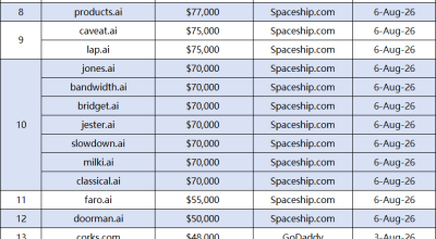 Last week's domain name transaction rankings are out, with .ai domains continuing to drive market activity
